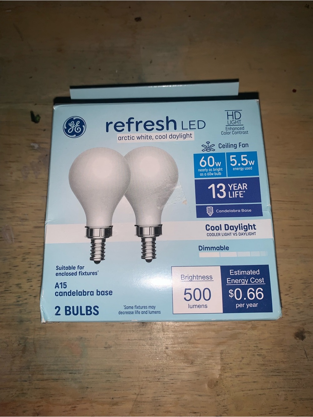 GE Refresh LED A15 Candelabra Bulb Pack — Cool Daylight (2-Pack)